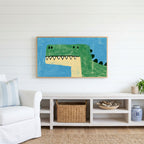 Green T rex dinosaur Frame TV art above a white console with a rattan basket in a coastal living room