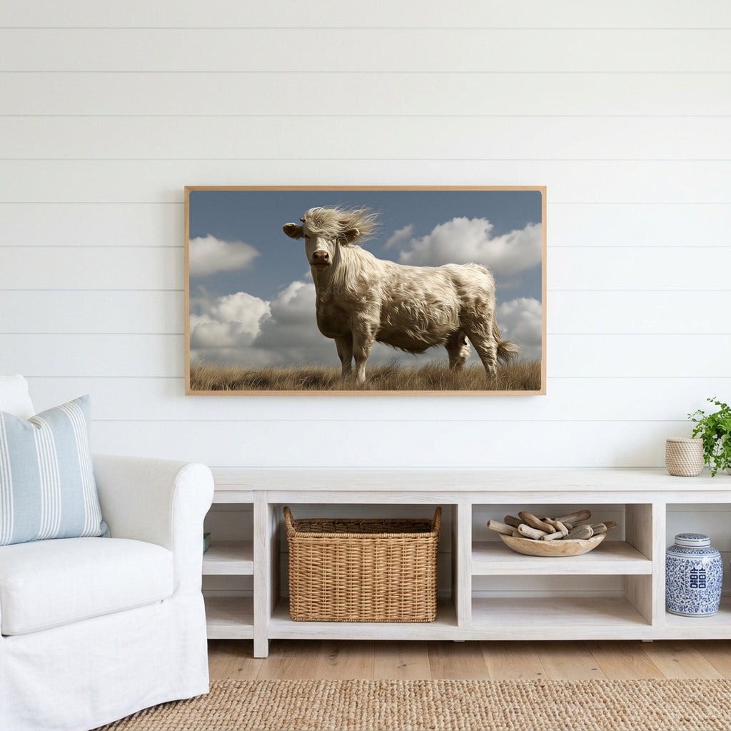 Windswept cow Frame TV art above a white console with a rattan basket in a coastal living room