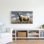 Windswept cow Frame TV art above a white console with a rattan basket in a coastal living room