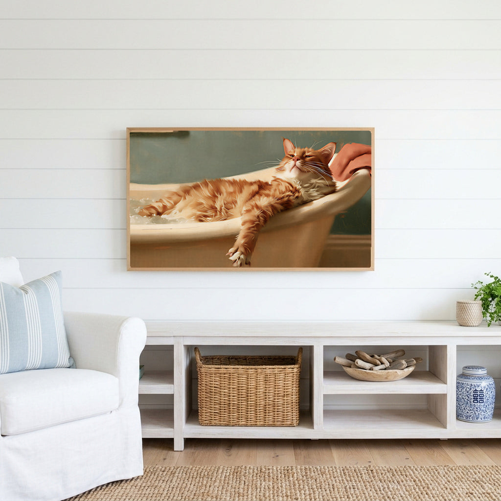 Cat in a bathtub Frame TV art above a white console with a rattan basket in a coastal living room