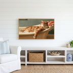 Cat in a bathtub Frame TV art above a white console with a rattan basket in a coastal living room