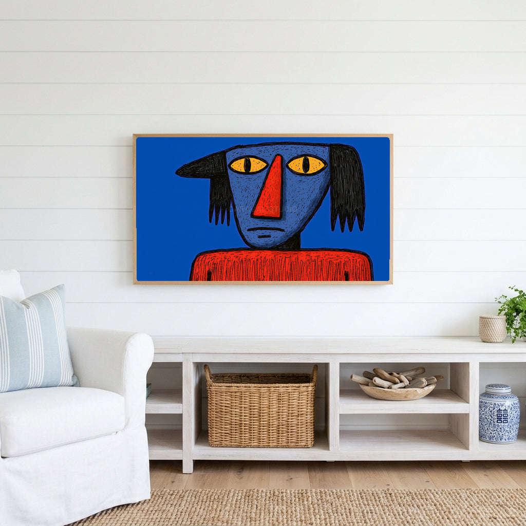 Grumpy naive portrait Frame TV art above a white console with a rattan basket in a coastal living room