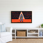 Jazz saxophone Frame TV art above a white console with a rattan basket in a coastal living room