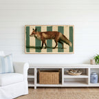 Red fox Frame TV art above a white console with a rattan basket in a coastal living room