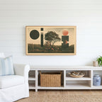 Tree and mushroom collage Frame TV art above a white console with a rattan basket in a coastal living room