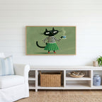 Black cat with a cup of tea Frame TV art above a white console with a rattan basket in a coastal living room