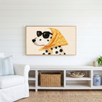 Dalmatian Frame TV art above a white console with a rattan basket in a coastal living room