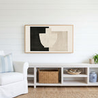 Torn paper vase collage Frame TV art above a white console with a rattan basket in a coastal living room