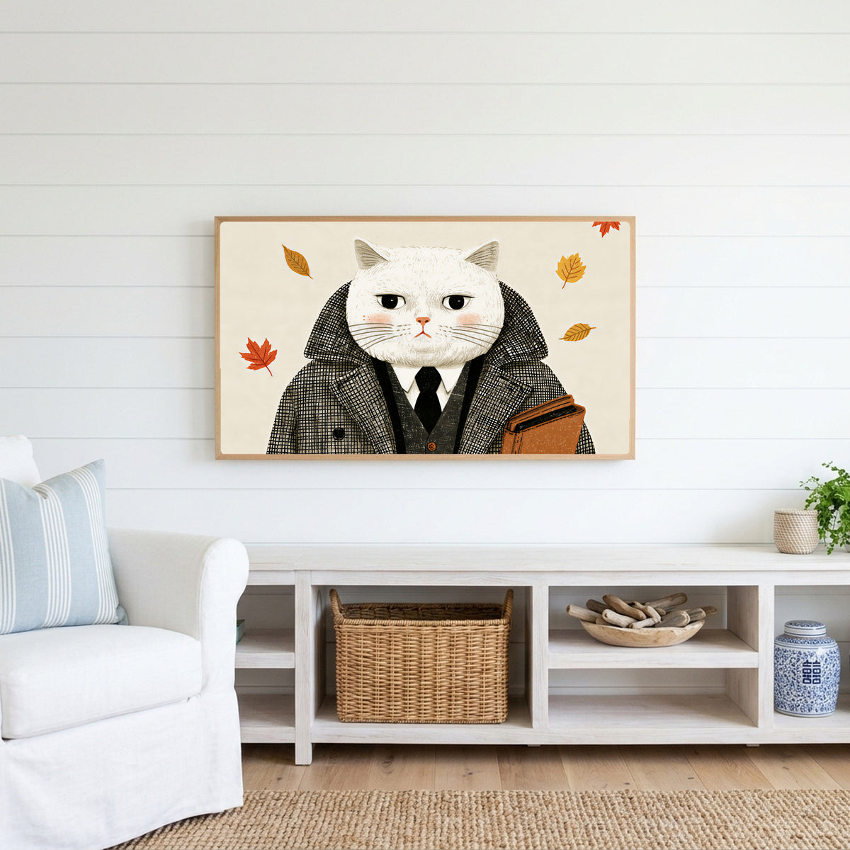 Gentleman cat Frame TV art above a white console with a rattan basket in a coastal living room