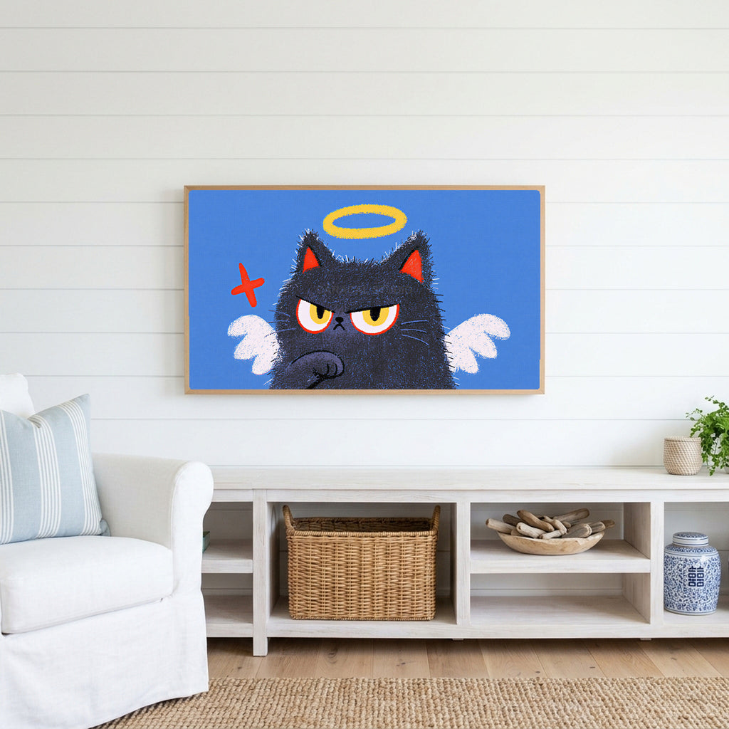 Angel kitten Frame TV art above a white console with a rattan basket in a coastal living room