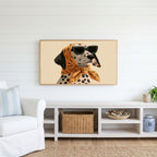 Dalmatian in sunglasses Frame TV art above a white console with a rattan basket in a coastal living room