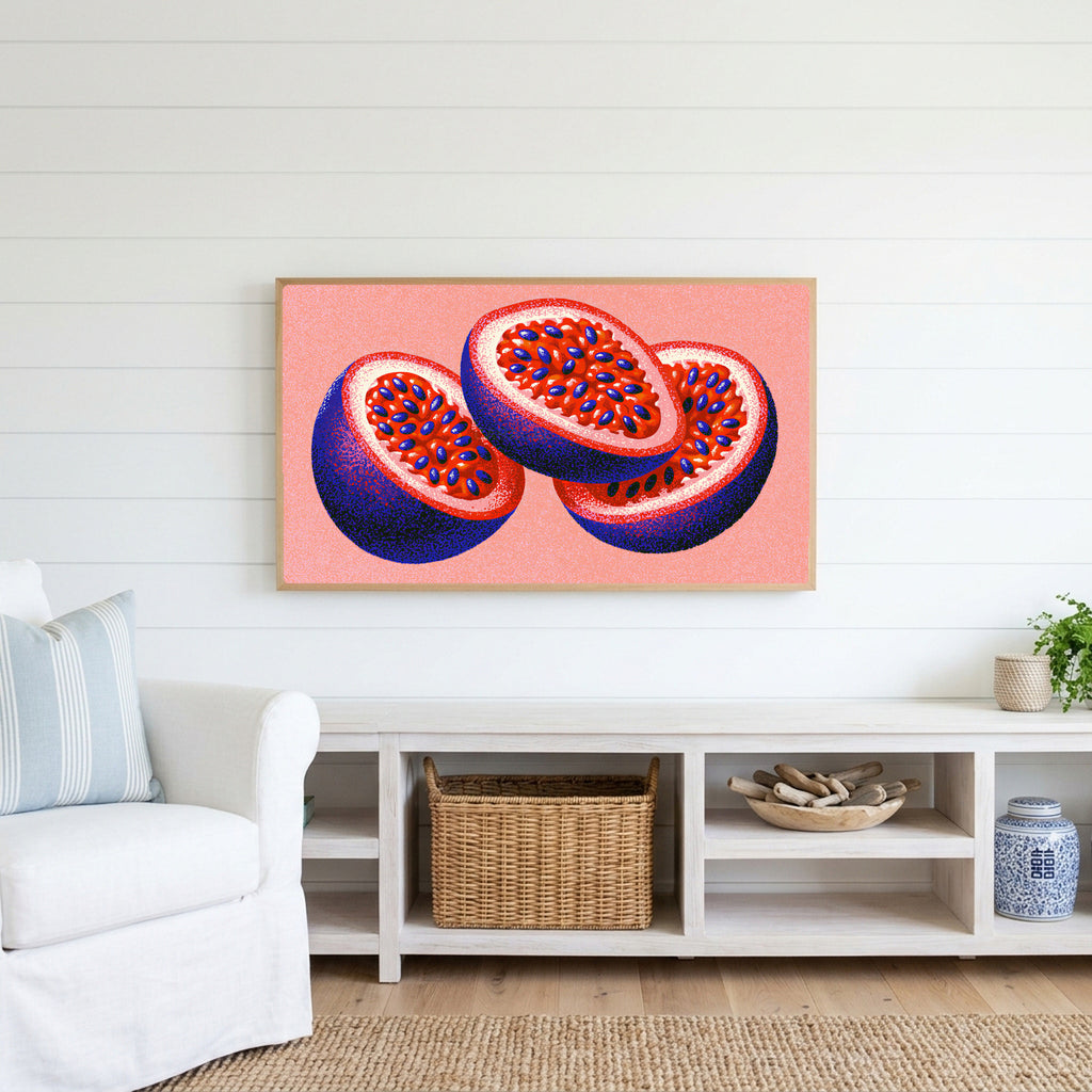 Passion fruit Frame TV art above a white console with a rattan basket in a coastal living room