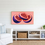 Passion fruit Frame TV art above a white console with a rattan basket in a coastal living room