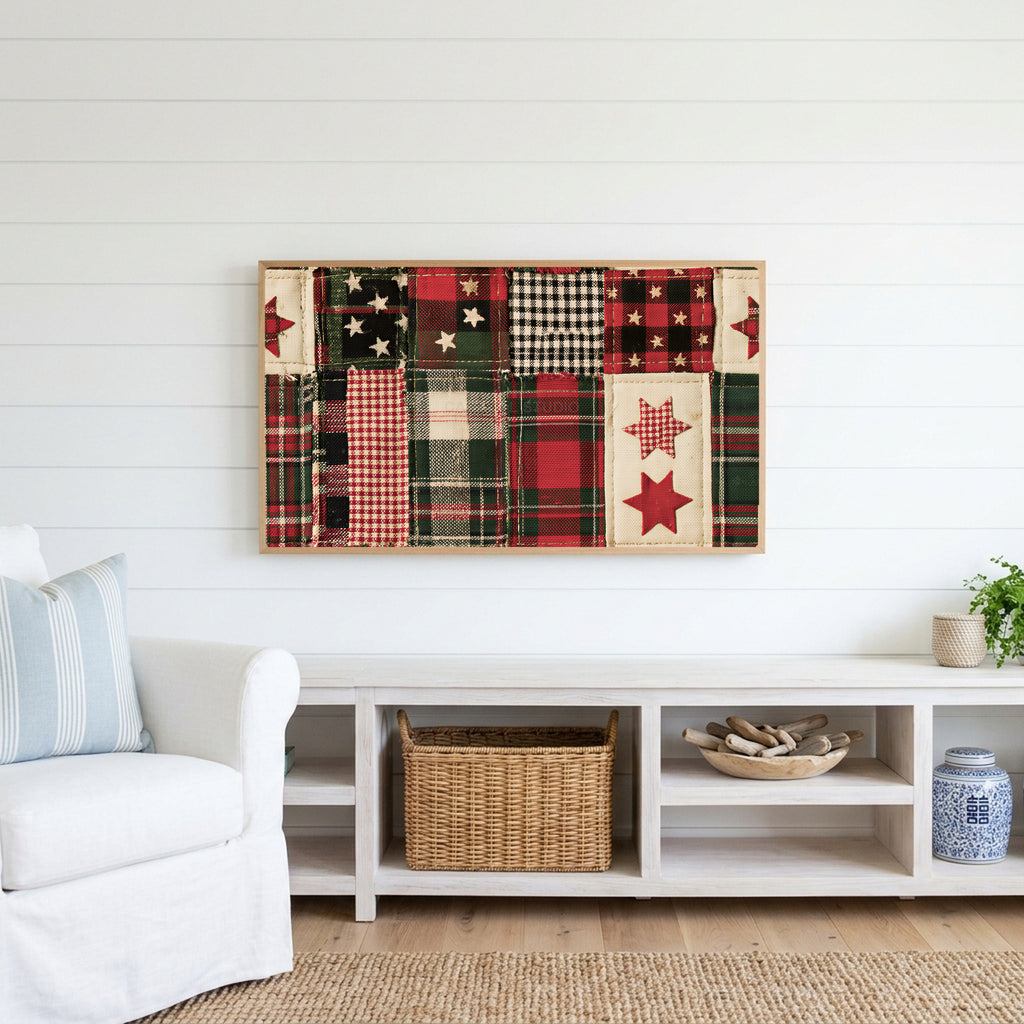 Plaid patchwork quilt Frame TV art above a white console with a rattan basket in a coastal living room