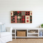 Plaid patchwork quilt Frame TV art above a white console with a rattan basket in a coastal living room