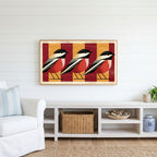 Geometric birds Frame TV art above a white console with a rattan basket in a coastal living room