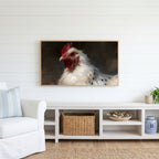 White hen portrait Frame TV art above a white console with a rattan basket in a coastal living room