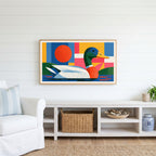 Colorful geometric mallard Frame TV art above a white console with a rattan basket in a coastal living room