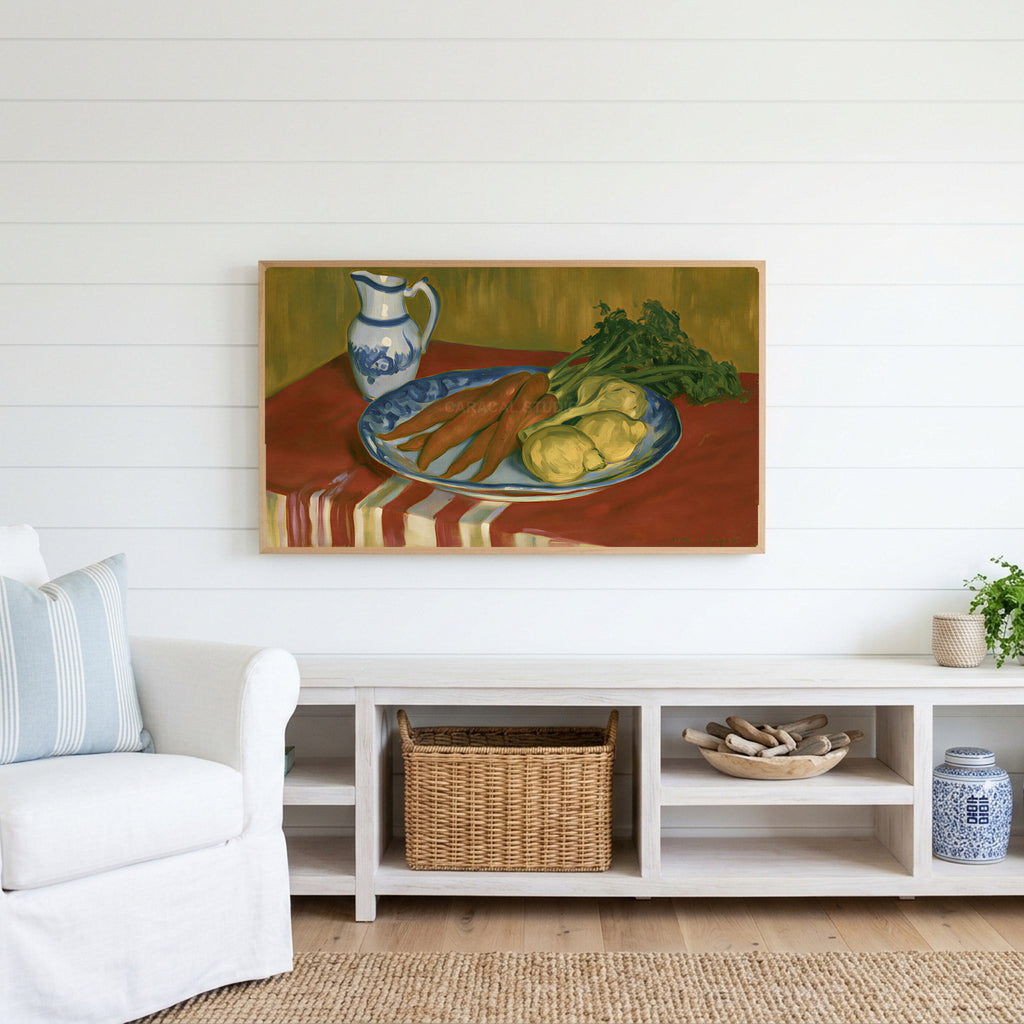 Vintage carrot still life Frame TV art above a white console with a rattan basket in a coastal living room