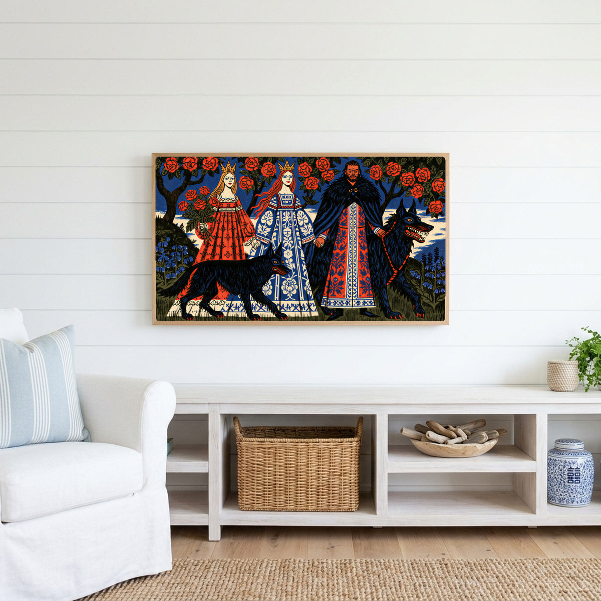 Folk fairy tale wolves Frame TV art above a white console with a rattan basket in a coastal living room