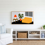 Mid century room Frame TV art above a white console with a rattan basket in a coastal living room