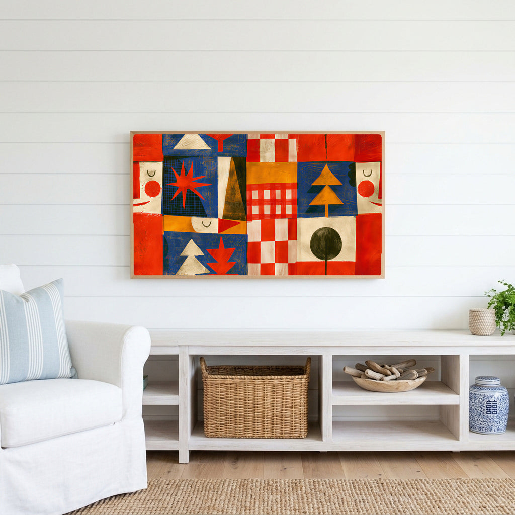 Folk art patchwork Frame TV art above a white console with a rattan basket in a coastal living room