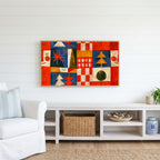 Folk art patchwork Frame TV art above a white console with a rattan basket in a coastal living room