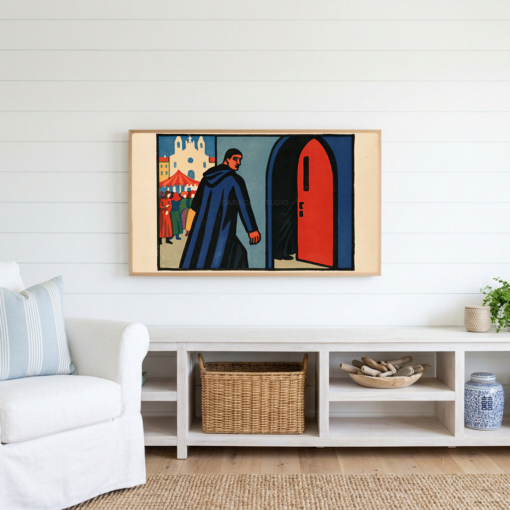Woodcut monk Frame TV art above a white console with a rattan basket in a coastal living room
