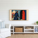 Woodcut monk Frame TV art above a white console with a rattan basket in a coastal living room