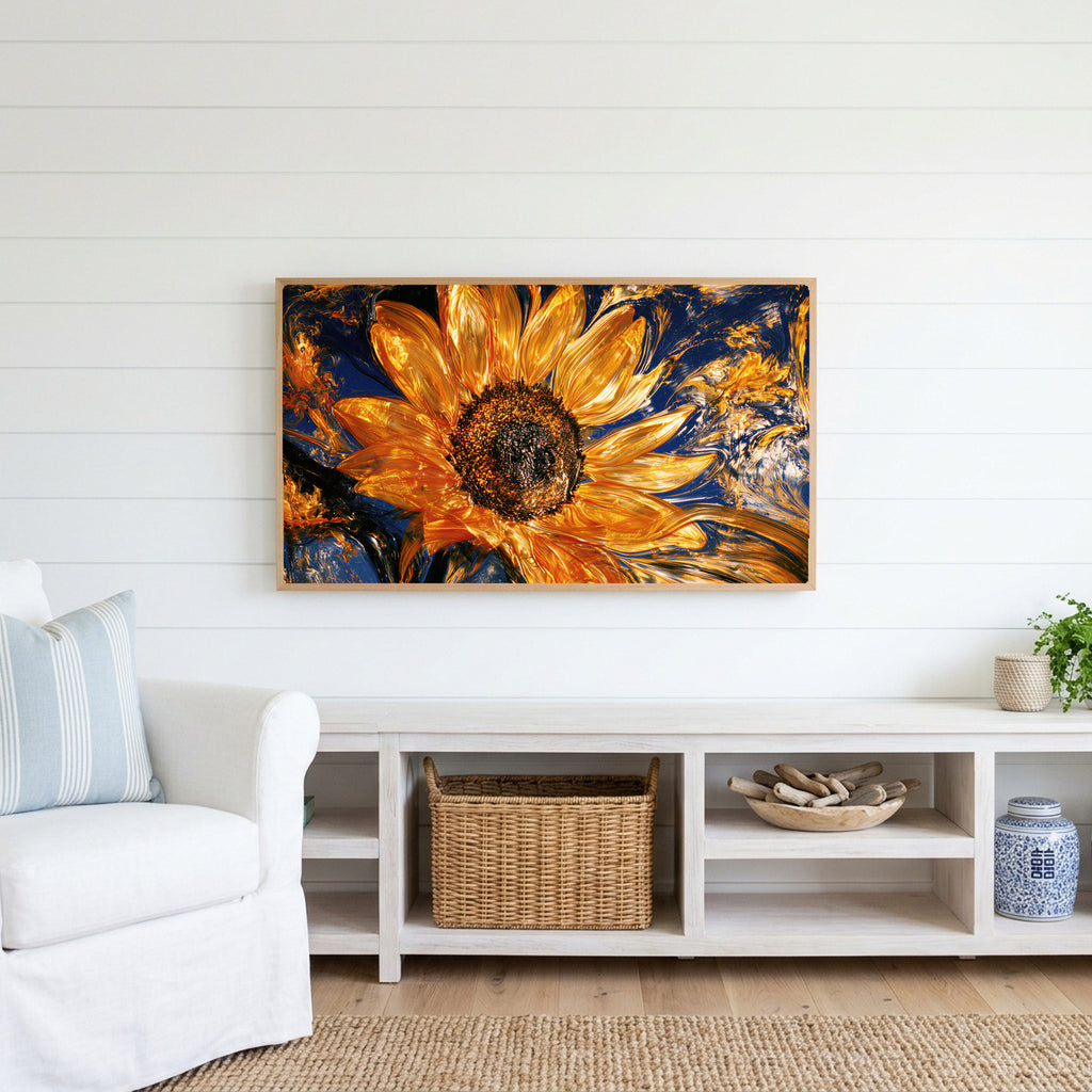 Swirling golden sunflower Frame TV art above a white console with a rattan basket in a coastal living room