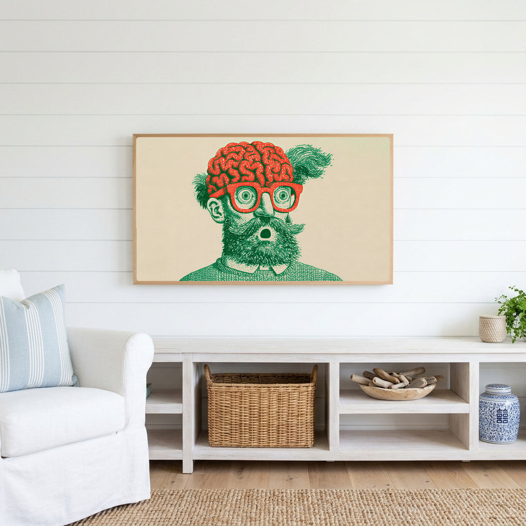 Brain and glasses portrait Frame TV art above a white console with a rattan basket in a coastal living room