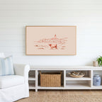 Highland cow lighthouse Frame TV art above a white console with a rattan basket in a coastal living room
