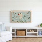Vintage blue parrot Frame TV art above a white console with a rattan basket in a coastal living room