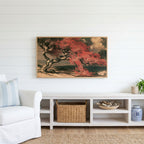 Japanese tree landscape Frame TV art above a white console with a rattan basket in a coastal living room