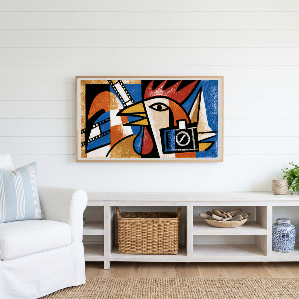 Cubist rooster Frame TV art above a white console with a rattan basket in a coastal living room