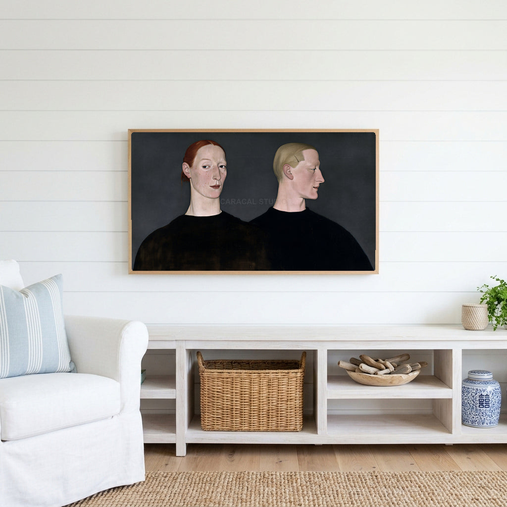 Two women portrait Frame TV art above a white console with a rattan basket in a coastal living room