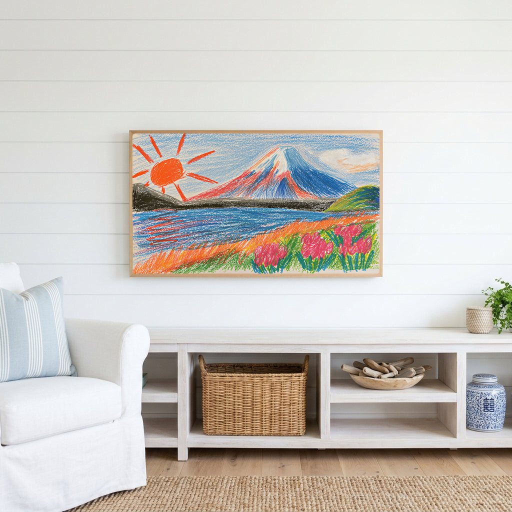 Crayon Mount Fuji Frame TV art above a white console with a rattan basket in a coastal living room