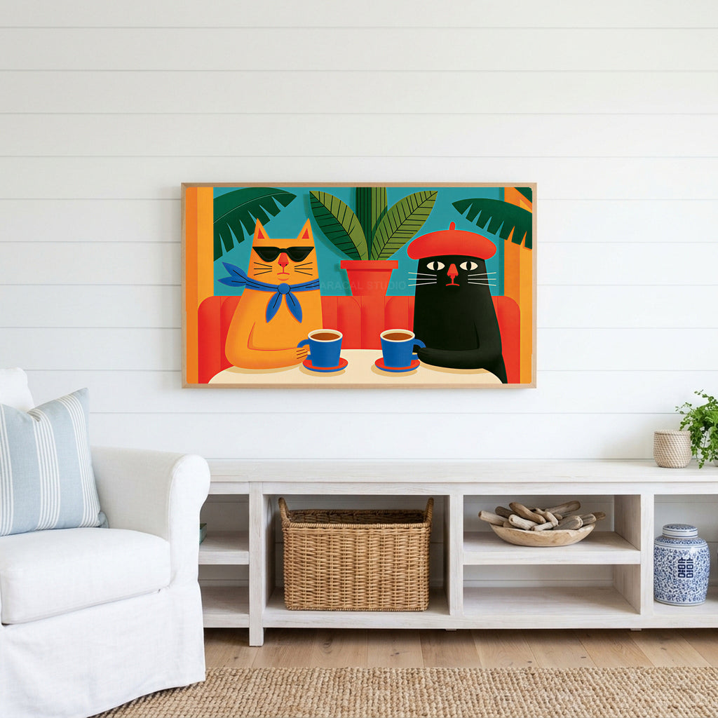 Funny cafe cats Frame TV art above a white console with a rattan basket in a coastal living room