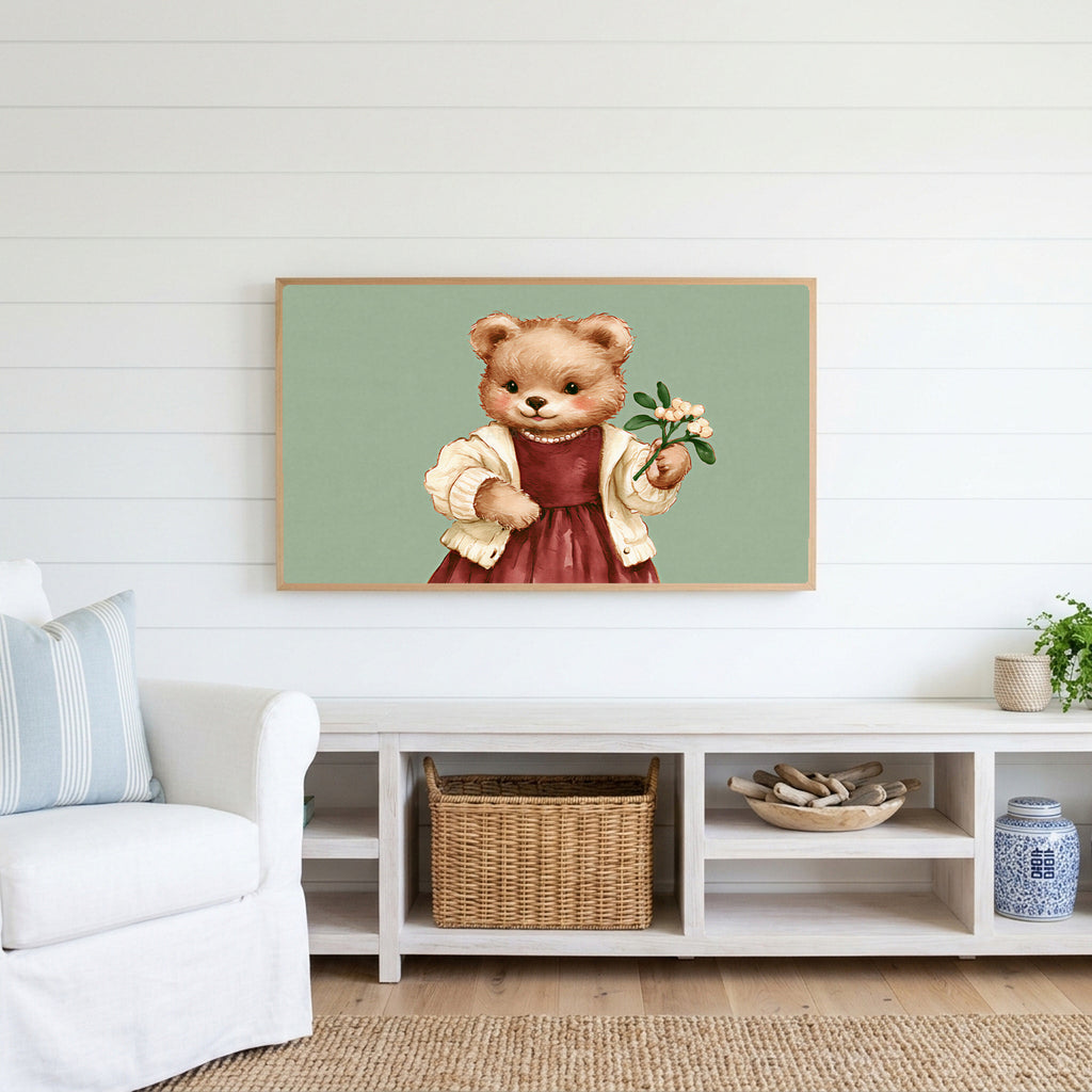 Teddy bear Frame TV art above a white console with a rattan basket in a coastal living room