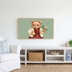 Teddy bear Frame TV art above a white console with a rattan basket in a coastal living room