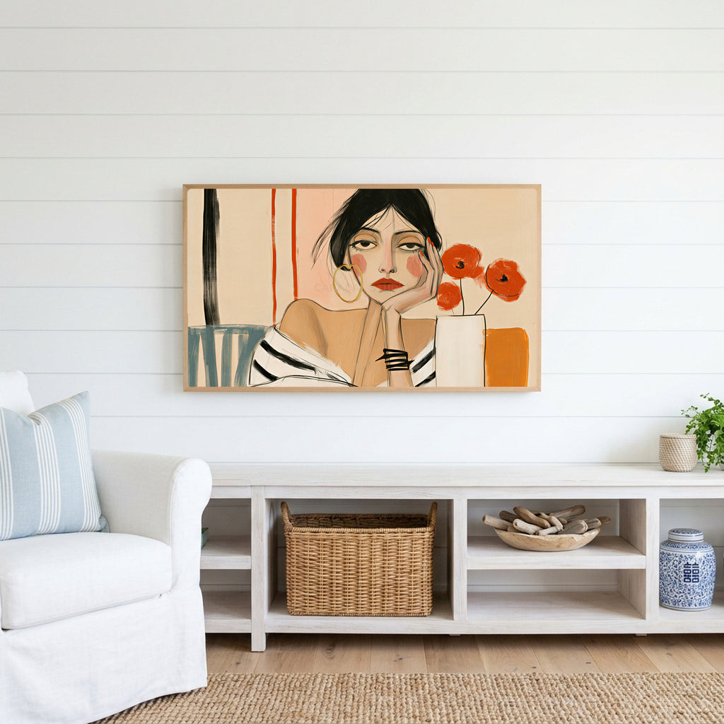 Woman with poppies portrait Frame TV art above a white console with a rattan basket in a coastal living room