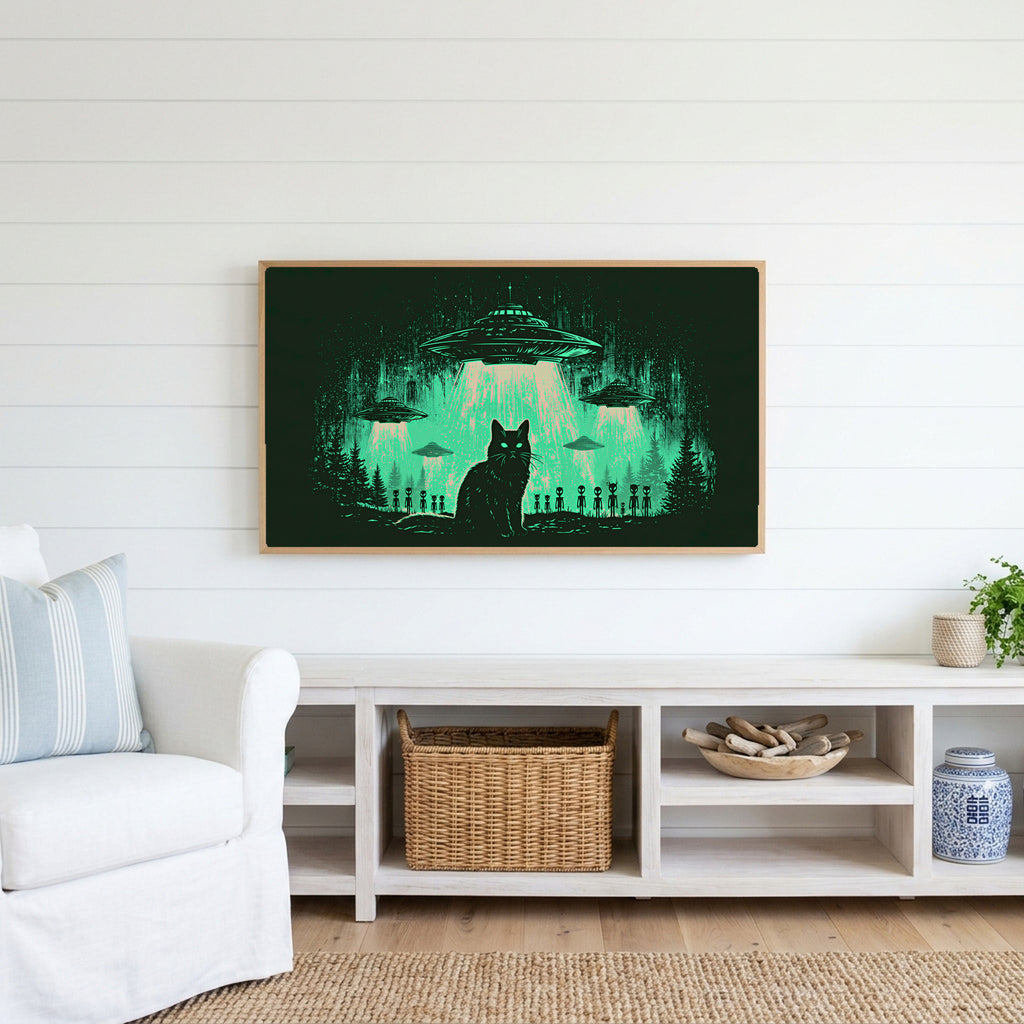 Black cat UFO Frame TV art above a white console with a rattan basket in a coastal living room