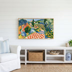 Italian countryside Frame TV art above a white console with a rattan basket in a coastal living room