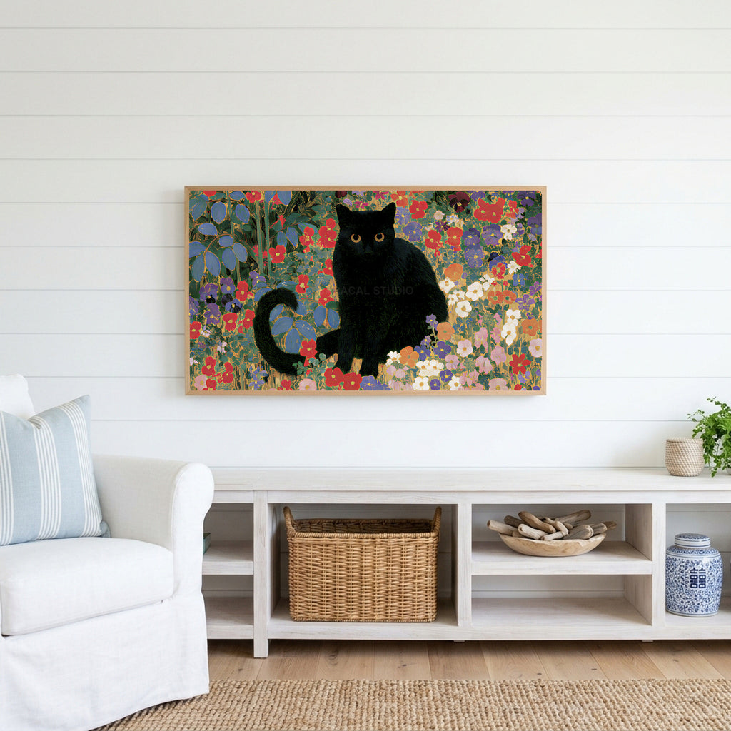 Black cat garden Frame TV art above a white console with a rattan basket in a coastal living room