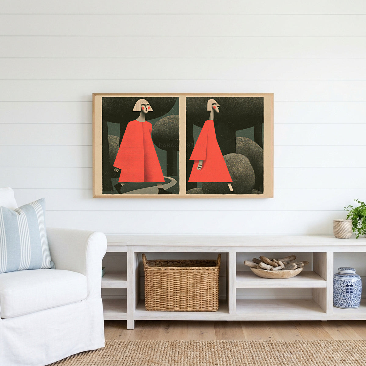 Surreal forest walk Frame TV art above a white console with a rattan basket in a coastal living room