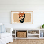 Lightning bolt portrait Frame TV art above a white console with a rattan basket in a coastal living room
