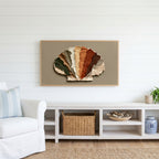 Earthy impasto seashell Frame TV art above a white console with a rattan basket in a coastal living room