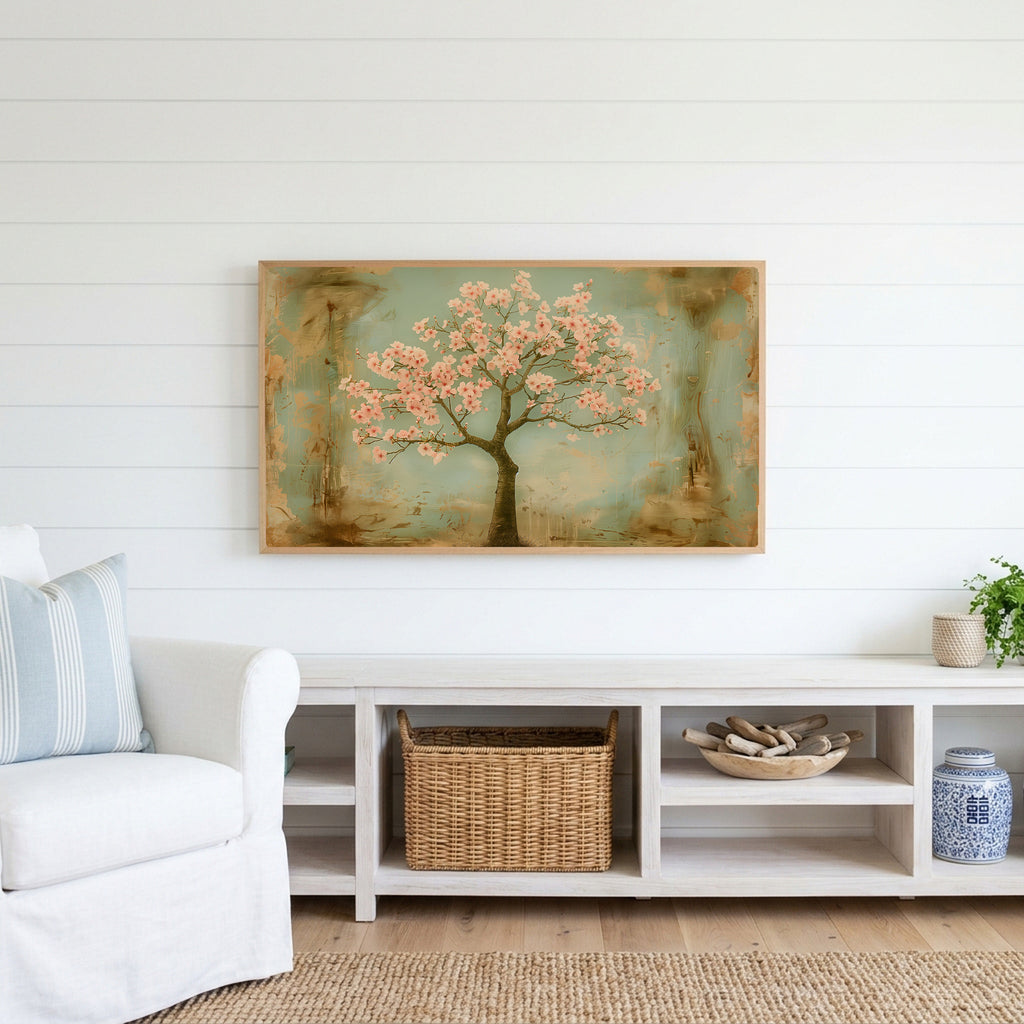 Cherry blossom tree Frame TV art above a white console with a rattan basket in a coastal living room
