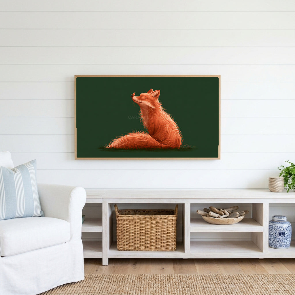 Fox and robin Frame TV art above a white console with a rattan basket in a coastal living room