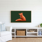 Fox and robin Frame TV art above a white console with a rattan basket in a coastal living room